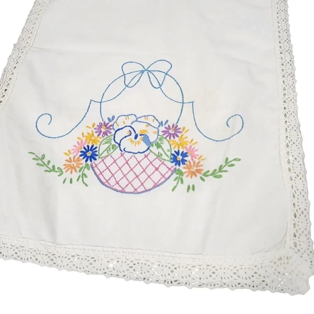 VTG TABLE RUNNER GARDEN BASKET FLORAL EMBROIDERED DRESSER SCARF ESTATE MCM 36